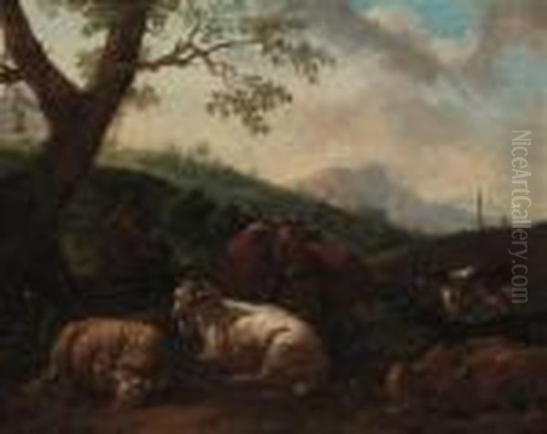 A Drover Resting With A Cow, Sheep And Dog In A Landscape Oil Painting by Philipp Peter Roos