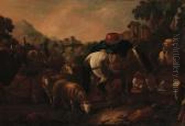 A Drover With A Bull, Sheep, 
Goats And A Packhorse At A Fountain Ina Mountainous Landscape Oil Painting by Philipp Peter Roos