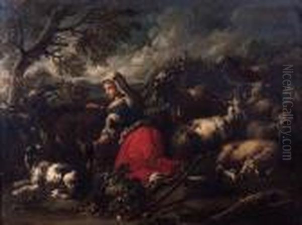 A Milkmaid With Goats, Sheep And A Dog, In An Italianatelandscape Oil Painting by Philipp Peter Roos