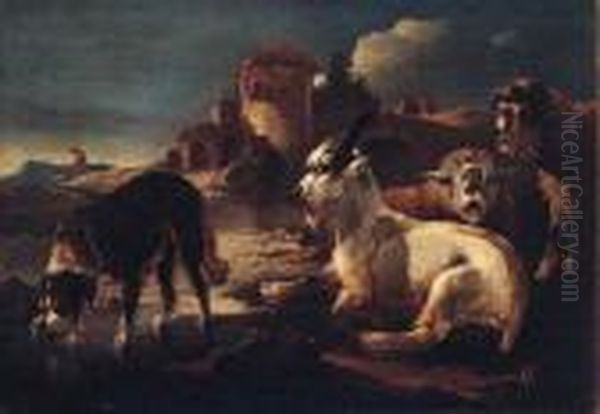 A Dog Drinking At A Pool By Sheep And A Goat, A Shepherd And A Ruinbeyond Oil Painting by Philipp Peter Roos