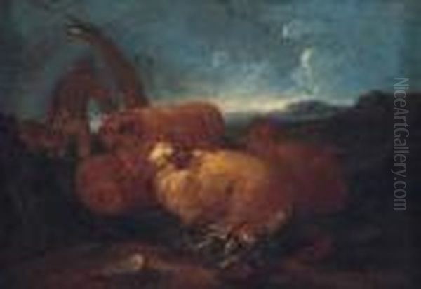 A Shepherd And Sheep In A Landscape; And Goats In A Landscape Oil Painting by Philipp Peter Roos