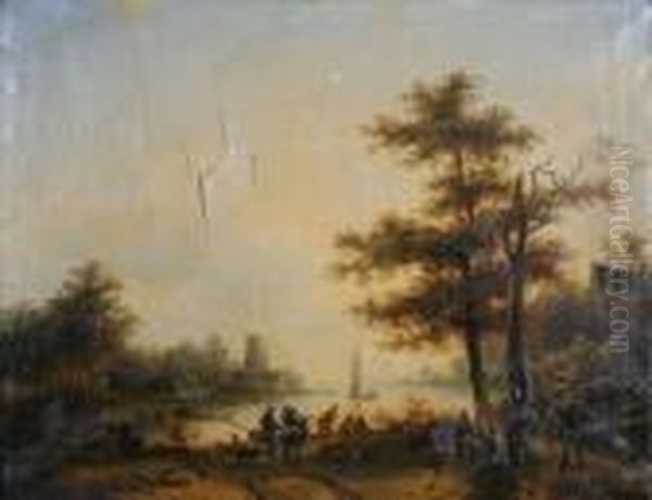 Hollands Rivierlandschap Met Vissersaan De Oever Bij Valavond Oil Painting by Nicholas Jan Roosenboom