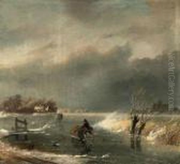 Figures On A Frozen Lake Oil Painting by Nicholas Jan Roosenboom