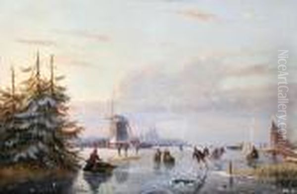 Dutch Winter Scene With Figures Skating Oil Painting by Nicholas Jan Roosenboom