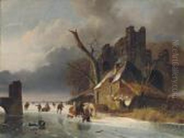 Townspeople On The Ice By A Ruin Oil Painting by Nicholas Jan Roosenboom