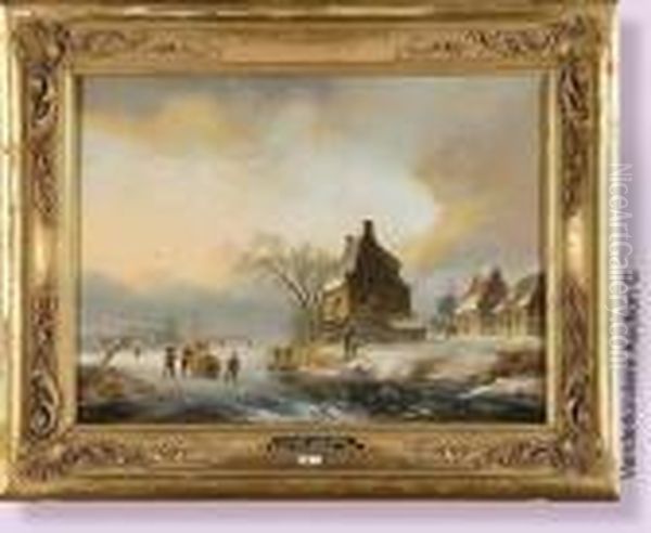 Paysage Hivernal Aux Patineurs Oil Painting by Nicholas Jan Roosenboom