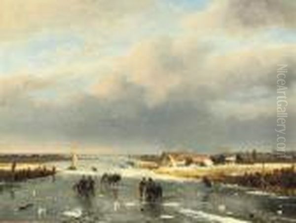 A Day On The Ice Oil Painting by Nicholas Jan Roosenboom