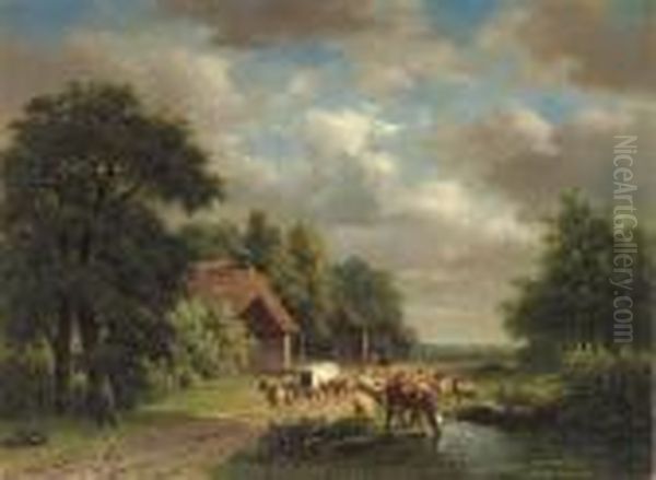 Cattle On A Path Oil Painting by Nicholas Jan Roosenboom