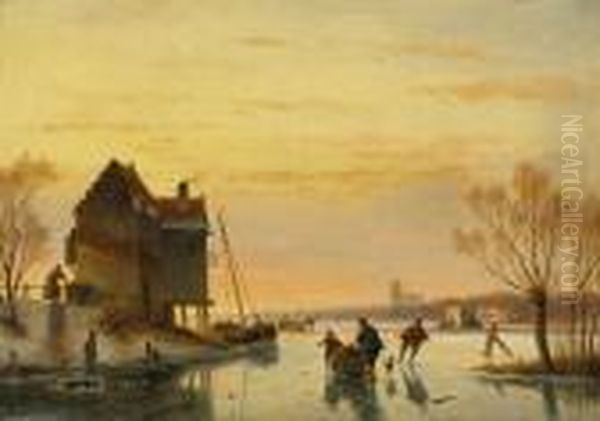 Skaters On The Merwede With Dordrechtbeyond Oil Painting by Nicholas Jan Roosenboom