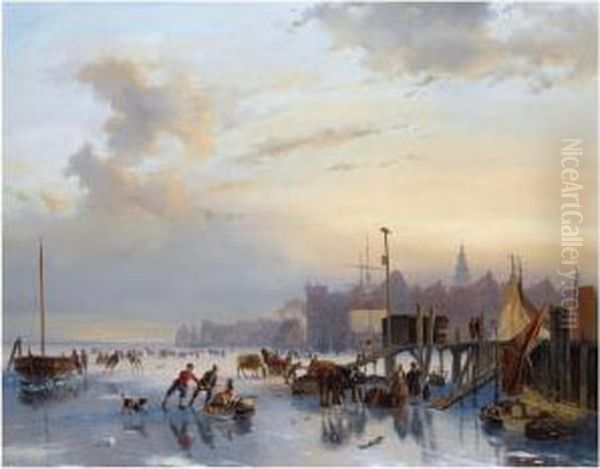 Skaters On The Ij, Amsterdam Oil Painting by Nicholas Jan Roosenboom