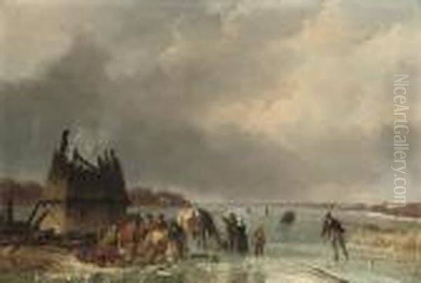 Skaters By A Burnt Out Hut Oil Painting by Nicholas Jan Roosenboom