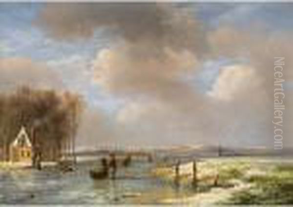 Idyllische Hollandische 
Winterlandschaft Mitschlittschuhlaufern Und Bauer, Seine Milchkannen In 
Einem Schlittenziehend Oil Painting by Nicholas Jan Roosenboom