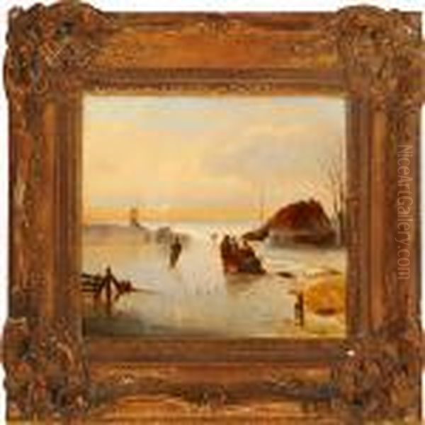 Dutchlandscape With People On A Frozen Lake Oil Painting by Nicholas Jan Roosenboom