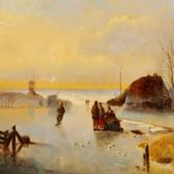 People On A Frozen Lake In Holland Oil Painting by Nicholas Jan Roosenboom