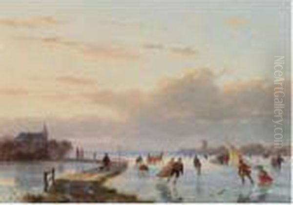 Skaters On The Ice Near A 'koek En Zopie' Oil Painting by Nicholas Jan Roosenboom