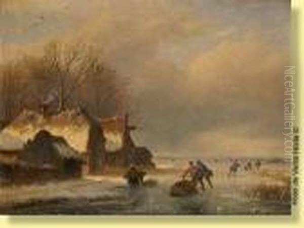 Patineurs Sur Un Bras De Mer Gele Oil Painting by Nicholas Jan Roosenboom