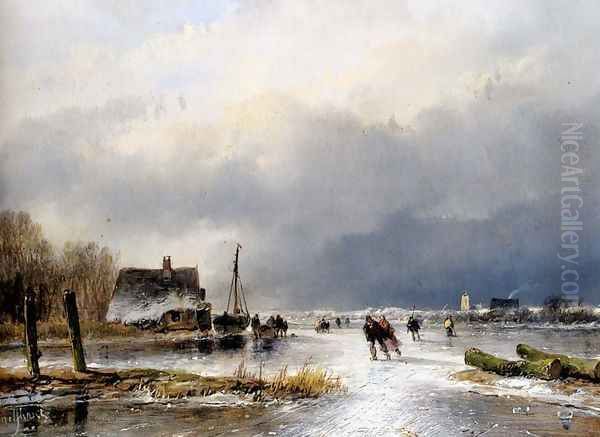 A Winter Landscape With Skaters On A Frozen Waterway Oil Painting by Andreas Schelfhout