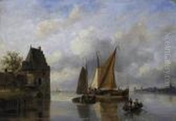 Ships And Ferries On A Dutch Rivercourse. Signed Lower Left: H.j. Roosenboom F Oil Painting by Nicholas Jan Roosenboom