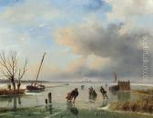 Skaters Near Dordrecht Oil Painting by Nicholas Jan Roosenboom