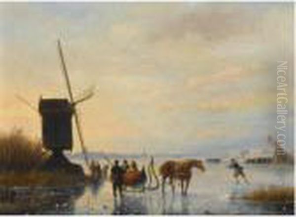 A Horse And Sledge On The Ice, A 'koek En Zopie' In The Distance Oil Painting by Nicholas Jan Roosenboom