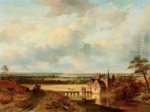 A Panoramic Landscape With A Castle By A River Oil Painting by Nicholas Jan Roosenboom