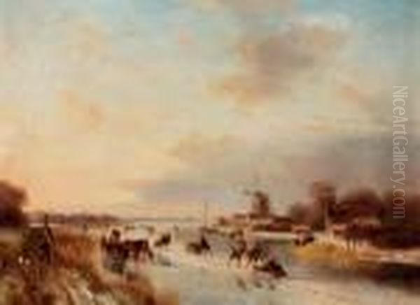 Numerous Skaters On A Frozen Waterway Oil Painting by Nicholas Jan Roosenboom