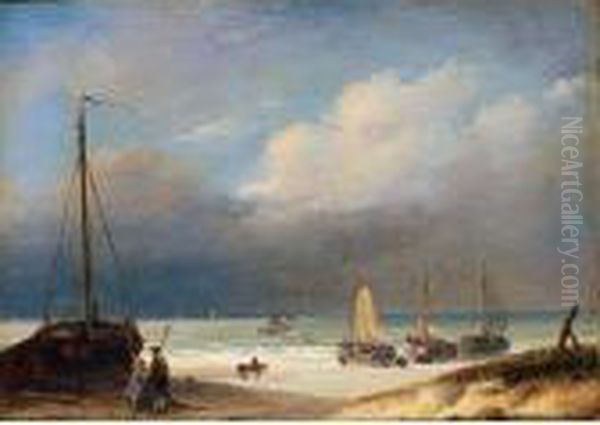 Bomschuiten On The Beach Oil Painting by Nicholas Jan Roosenboom