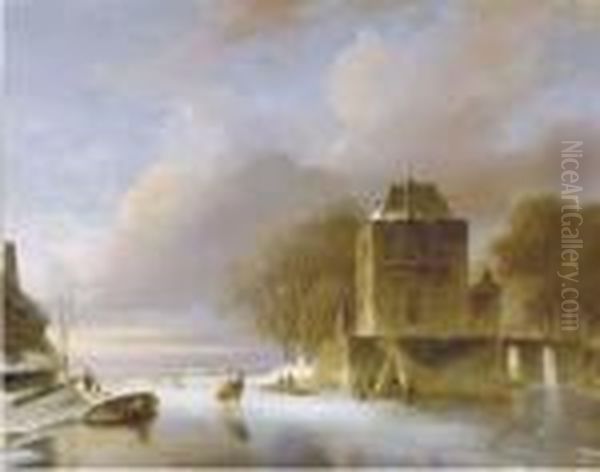 Skaters On A Frozen River With A Koek En Zopie By A Mansion Oil Painting by Nicholas Jan Roosenboom