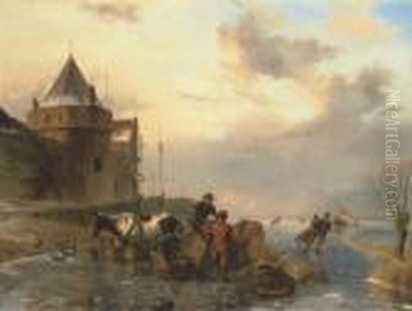 Unloading The Horsedrawn Sledge On The Ice Oil Painting by Nicholas Jan Roosenboom