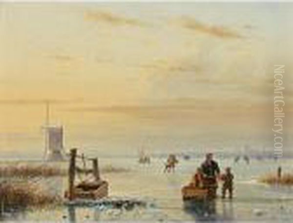 Skaters On A Frozen Waterway, Windmills In The Distance Oil Painting by Nicholas Jan Roosenboom