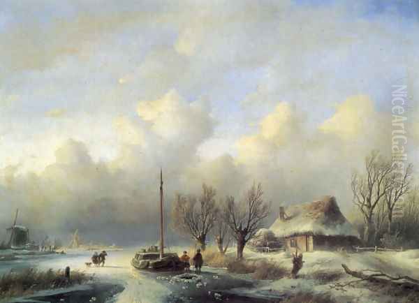 Figures in a winter landscape Oil Painting by Andreas Schelfhout