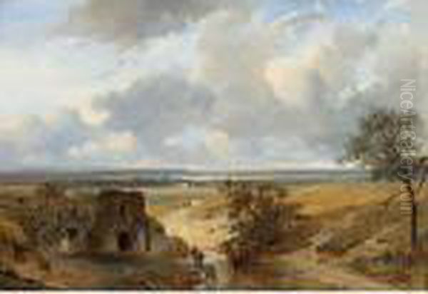 Figures In A Panoramic Summer Landscape Oil Painting by Nicholas Jan Roosenboom