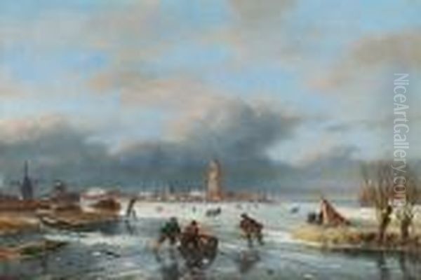 Figures Skating On A Frozen River Oil Painting by Nicholas Jan Roosenboom