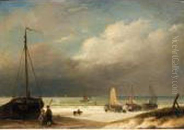 Boats On The Shore Oil Painting by Nicholas Jan Roosenboom