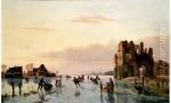 Scene De Patinage Sur Un Lac Gele En Hollande Oil Painting by Nicholas Jan Roosenboom