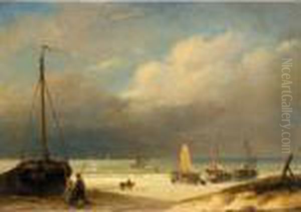 Boats On The Shore Oil Painting by Nicholas Jan Roosenboom