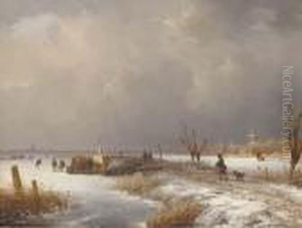 A Dutch Winter Landscape Oil Painting by Nicholas Jan Roosenboom