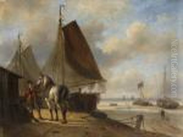 Rastende Bauern Mit Schimmel Bei
 Den Fischerbooten Am Strand. Oil Painting by Nicholas Jan Roosenboom