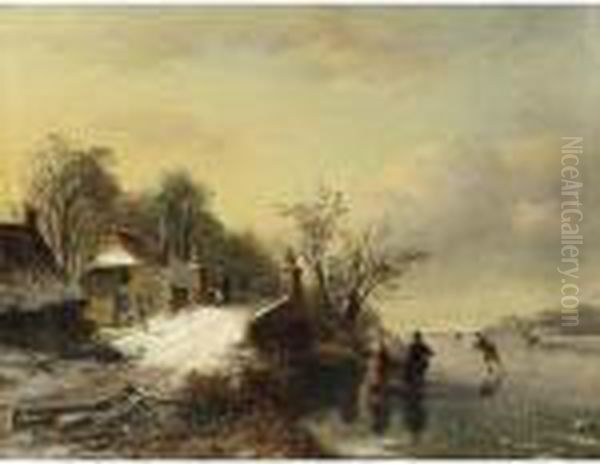 Skaters Near A Bridge Oil Painting by Nicholas Jan Roosenboom