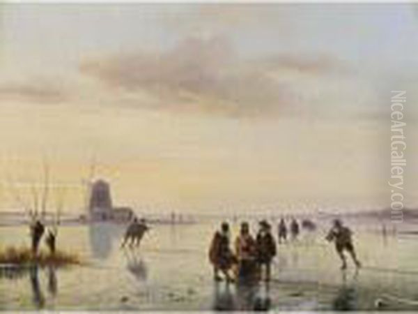 A Winter Landscape With Skaters On The Ice Oil Painting by Nicholas Jan Roosenboom