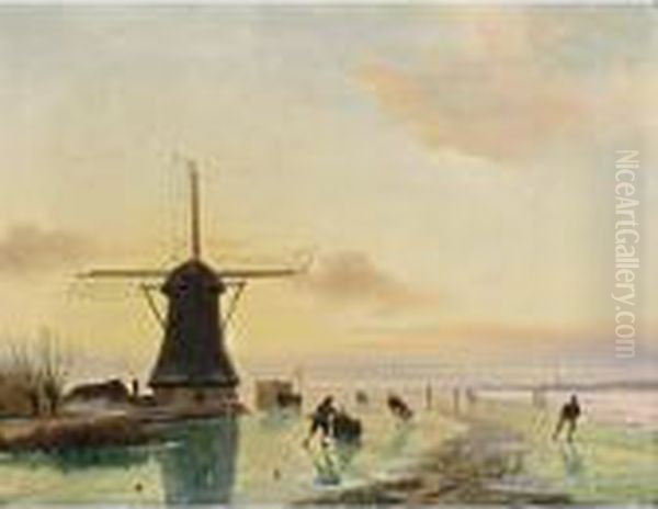 A Winter Landscape With Skating Figures Near A Windmill Oil Painting by Nicholas Jan Roosenboom