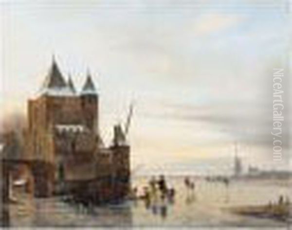 A Winter Landscape With Skaters On A Frozen River, A 'koek And Zopie' Beyond Oil Painting by Nicholas Jan Roosenboom