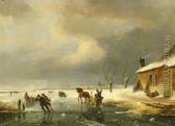 Skaters On A Frozen Waterway, A Town In The Distance Oil Painting by Nicholas Jan Roosenboom