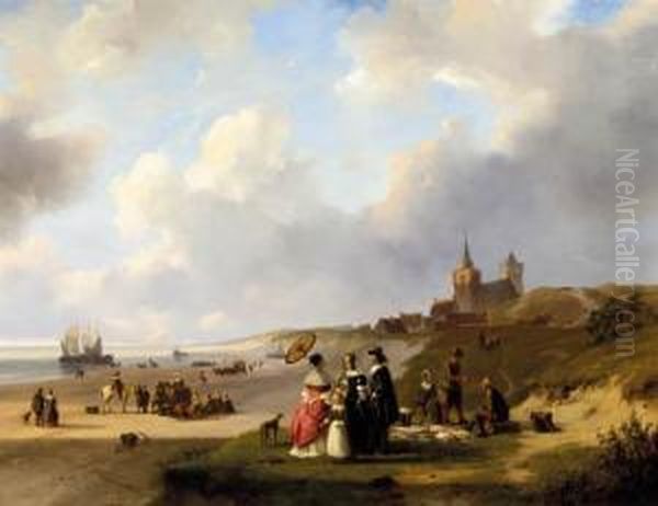 Een Strandgezicht Bij Scheveningen: Elegant Figures On The Beach On A Summer Day Oil Painting by Nicholas Jan Roosenboom