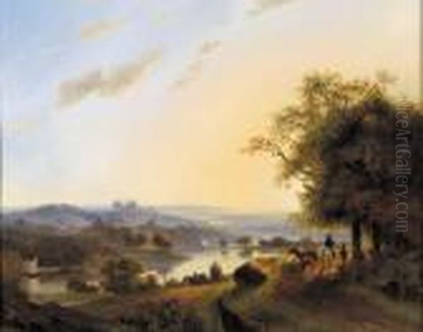 Rhenish Landscape With Travellers On A Sandy Track And A Castle Inthe Distance Oil Painting by Nicholas Jan Roosenboom