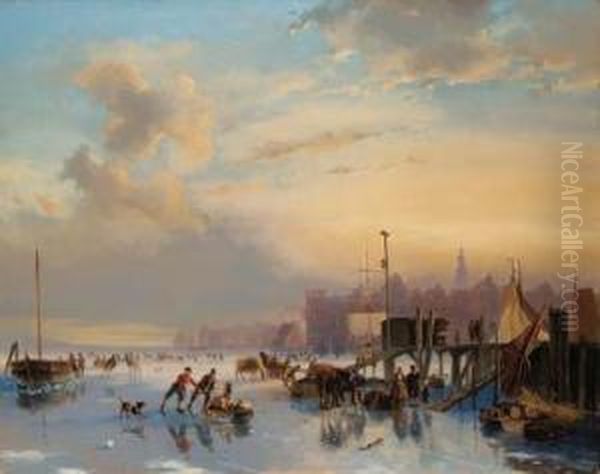 Skaters On The Ij, Amsterdam Oil Painting by Nicholas Jan Roosenboom