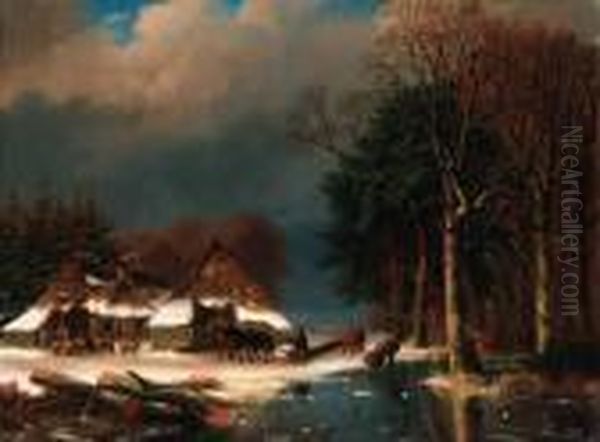 A Winter Landscape With Loggers Oil Painting by Nicholas Jan Roosenboom