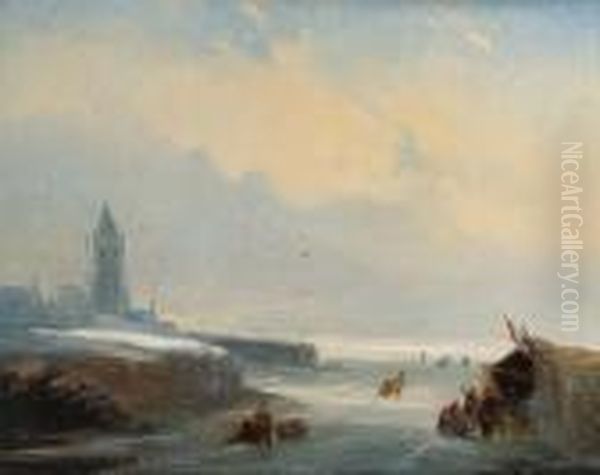 Skaters Reposing At A Koek En Zopie Stand On A Frozen Waterway Neara City Oil Painting by Nicholas Jan Roosenboom