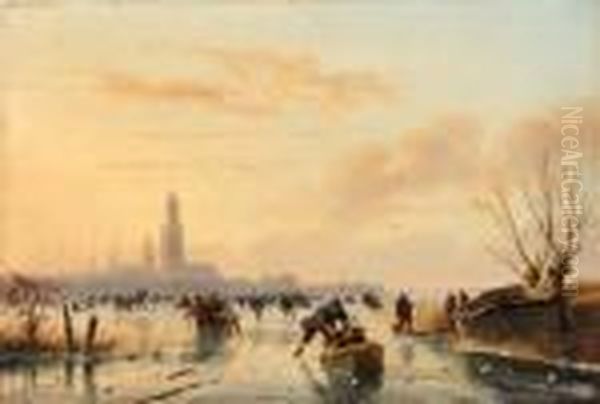 Skaters On A Frozen Pond Oil Painting by Nicholas Jan Roosenboom