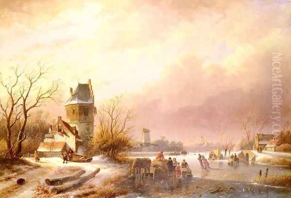 Skaters On A Frozen River Oil Painting by Andreas Schelfhout